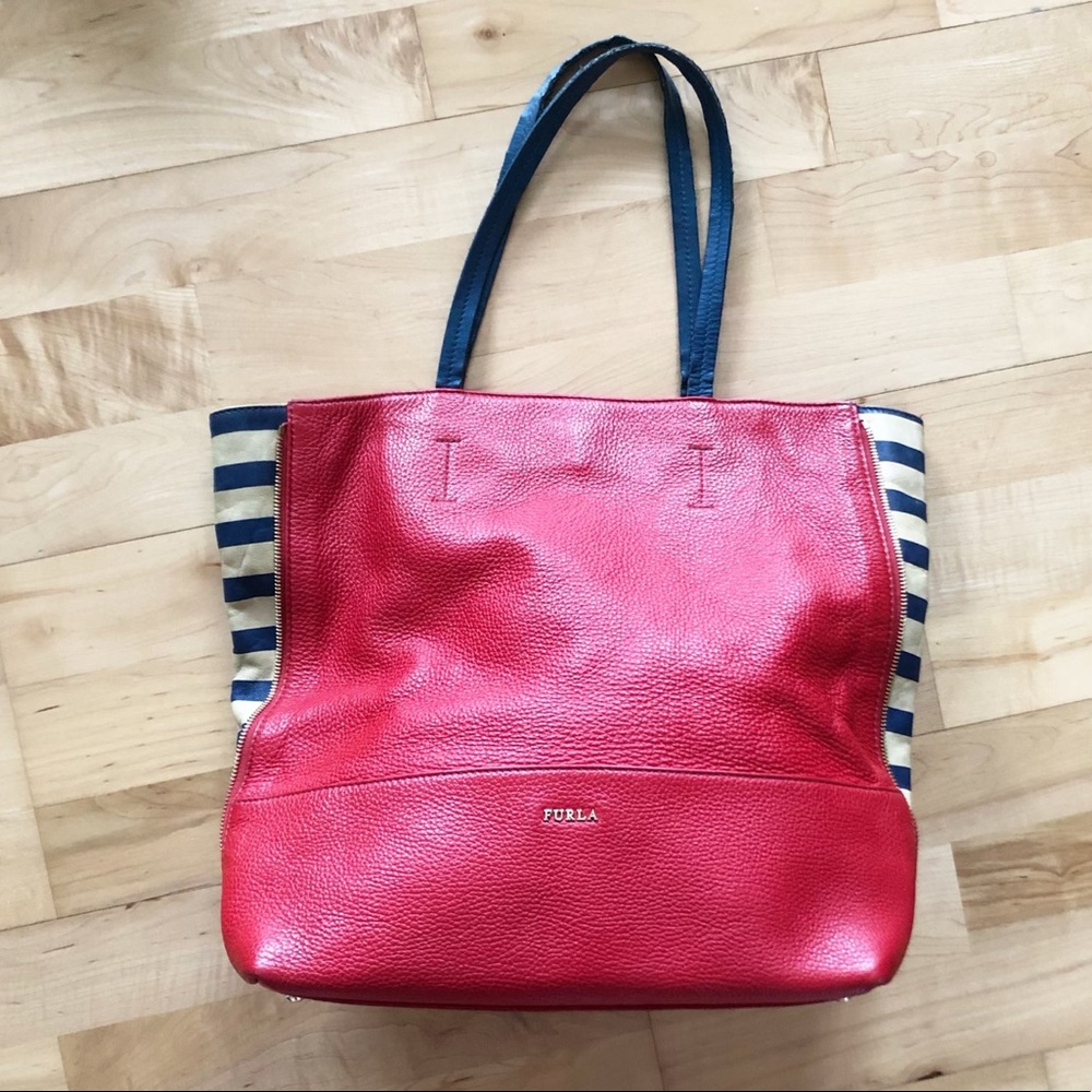 SALE FURLA RED BLUE SHOULDER GENUINE KEATHE BAG PURSE